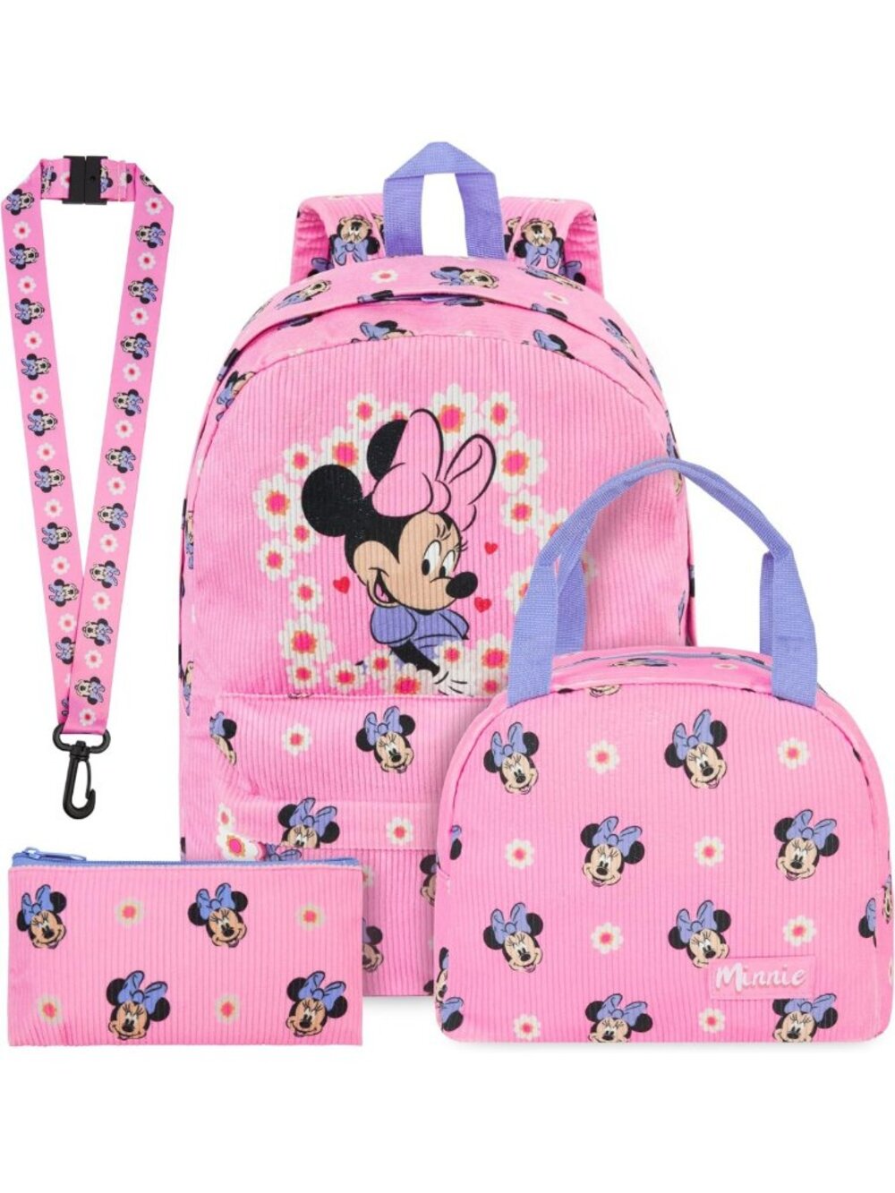 Trendy Girls' Corduroy Minnie Mouse Backpack Set - 4 Piece, Perfect for School!